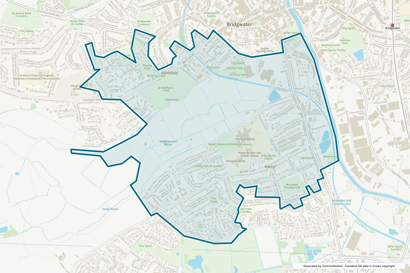 OS OpenData Outdoor map showing the approximate Bridgwater South selection geography outlined in blue