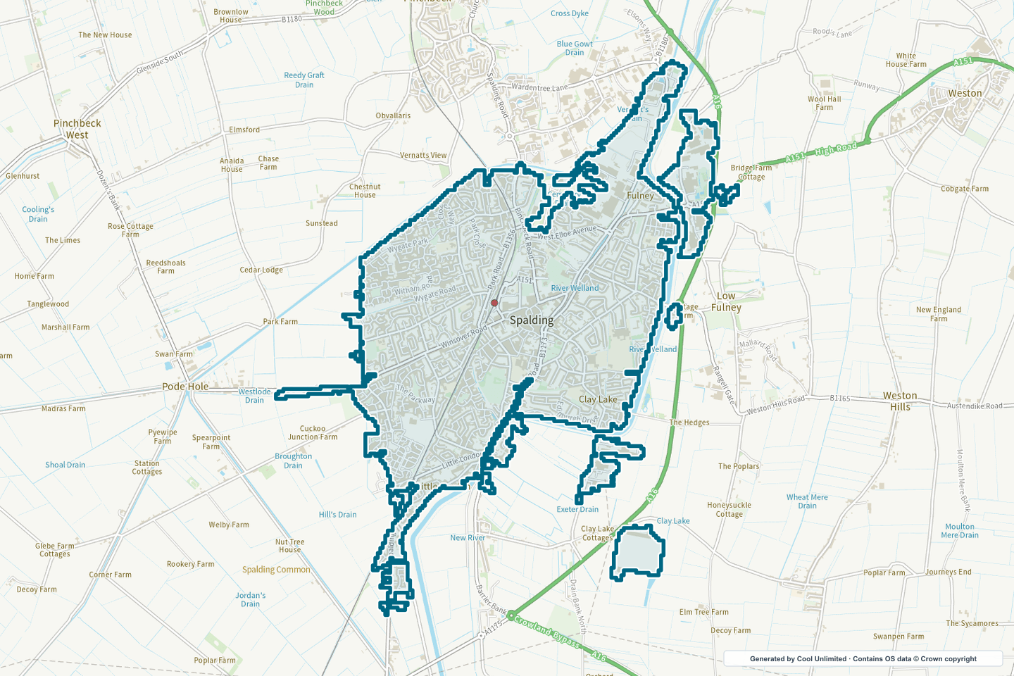 OS OpenData Outdoor map showing the approximate Spalding selection geography outlined in blue
