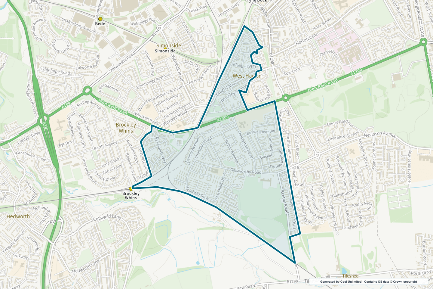 OS OpenData Outdoor map showing the approximate Biddick Hill selection geography outlined in blue