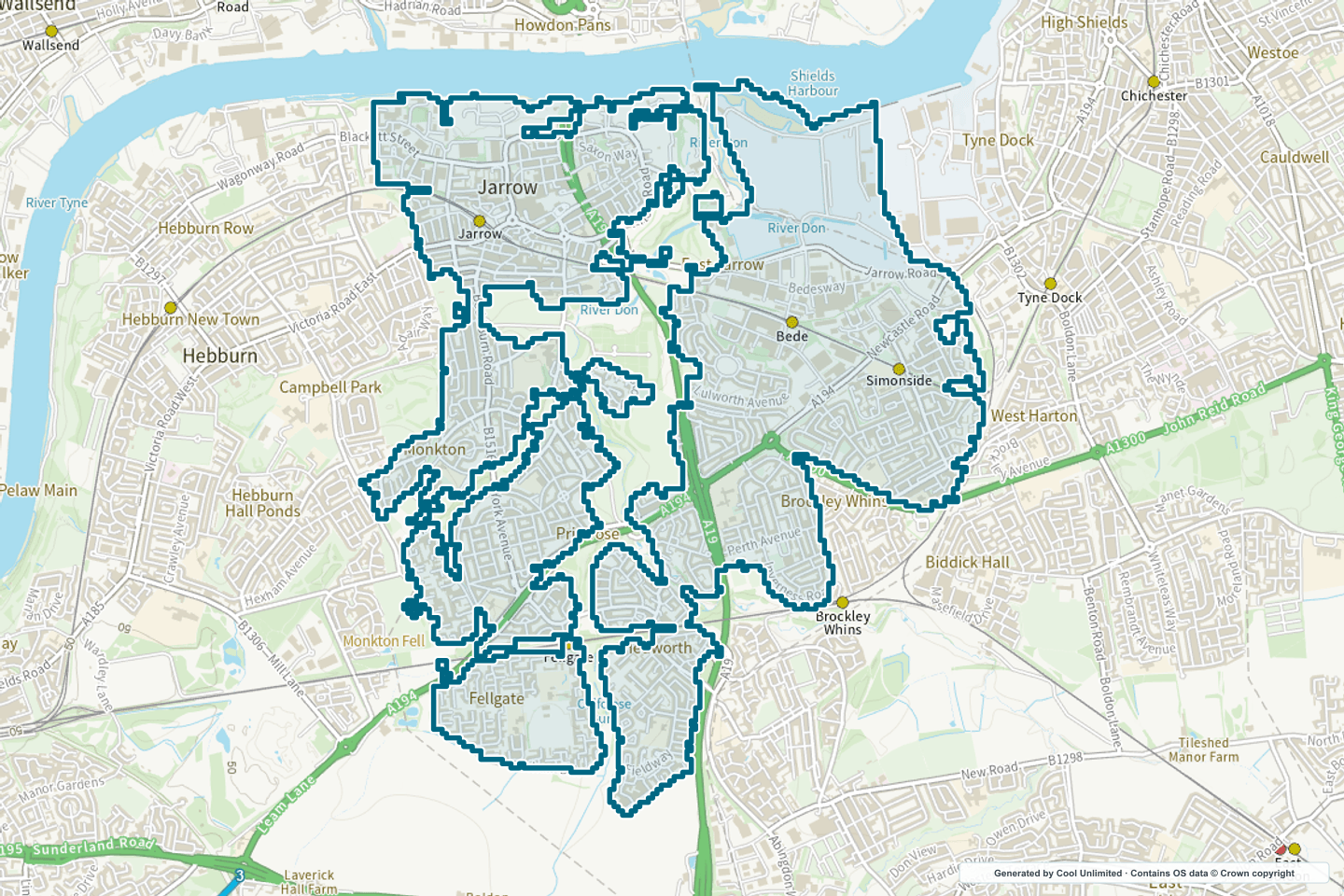 OS OpenData Outdoor map showing the approximate Jarrow selection geography outlined in blue
