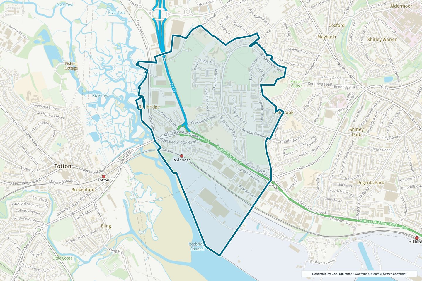 OS OpenData Outdoor map showing the approximate Redbridge & Millbrook West selection geography outlined in blue