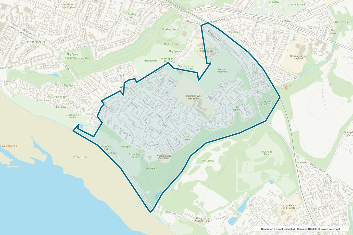 OS OpenData Outdoor map showing the approximate Weston (Southampton) selection geography outlined in blue