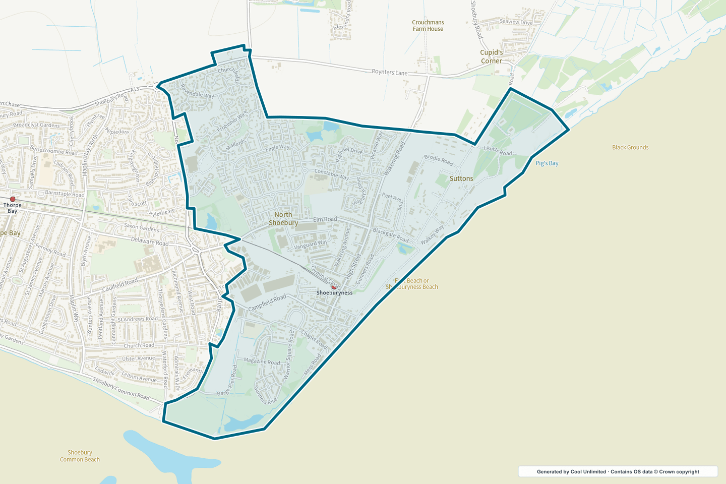 OS OpenData Outdoor map showing the approximate Shoeburyness selection geography outlined in blue