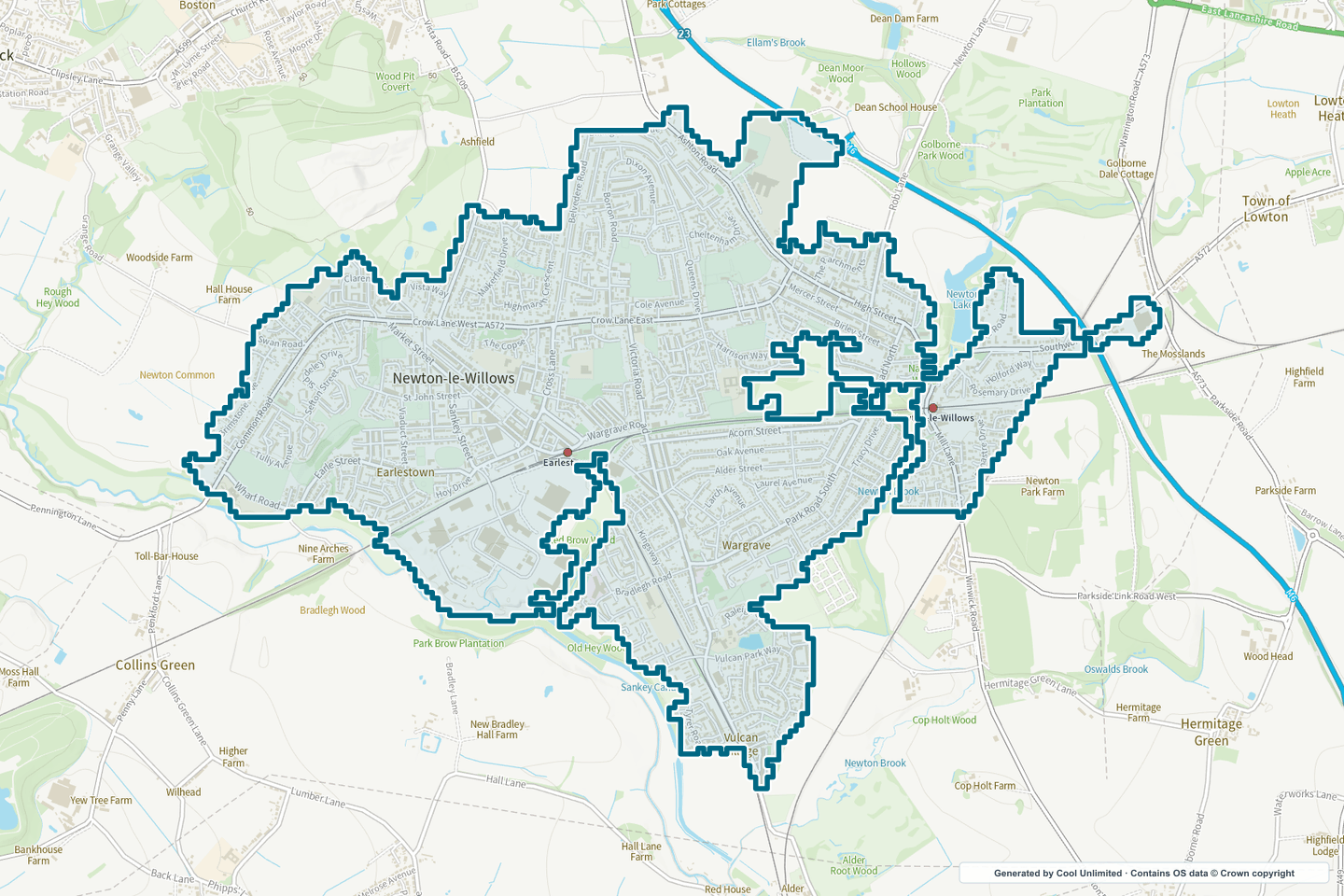 OS OpenData Outdoor map showing the approximate Newton-le-Willows selection geography outlined in blue