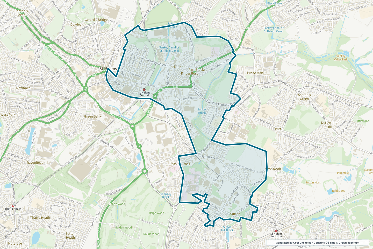 OS OpenData Outdoor map showing the approximate Town Centre East & Fingerpost selection geography outlined in blue