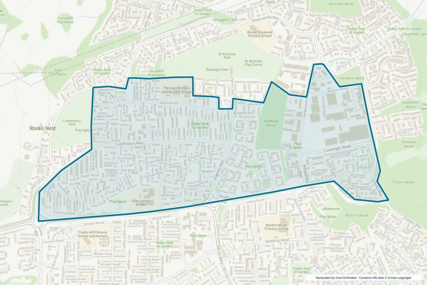 OS OpenData Outdoor map showing the approximate St Nicholas selection geography outlined in blue