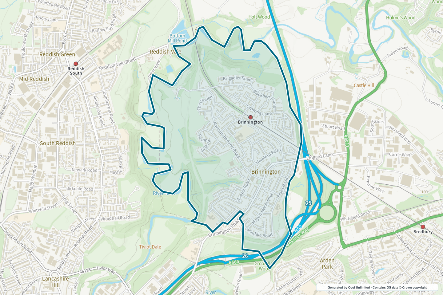 OS OpenData Outdoor map showing the approximate Brinnington selection geography outlined in blue