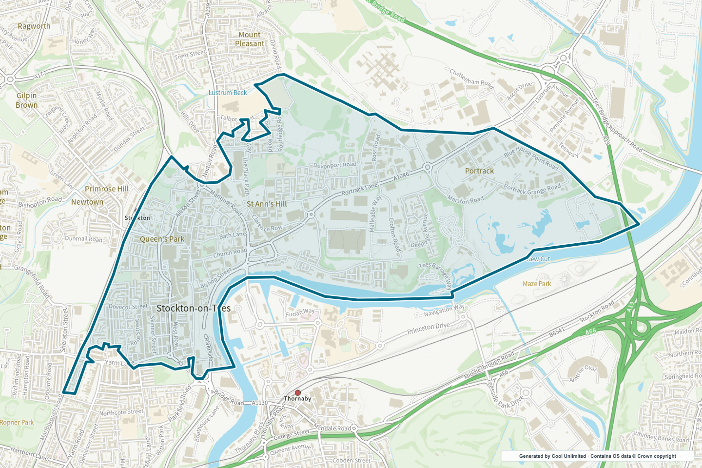 OS OpenData Outdoor map showing the approximate Central Stockton & Portrack selection geography outlined in blue
