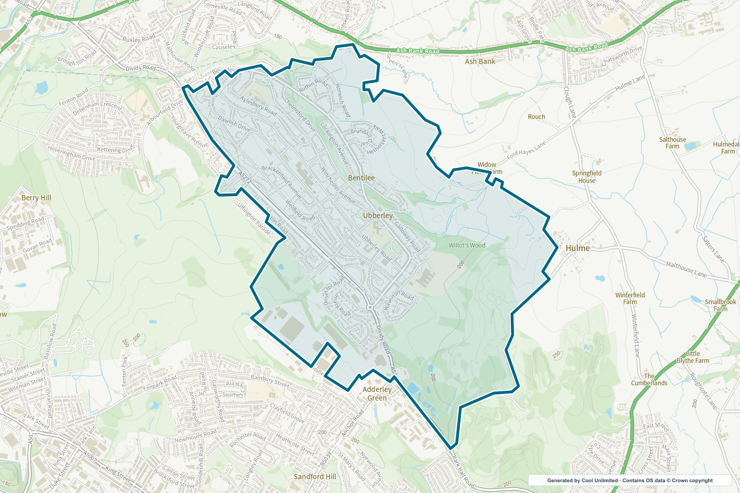 OS OpenData Outdoor map showing the approximate Bentilee & Ubberley selection geography outlined in blue