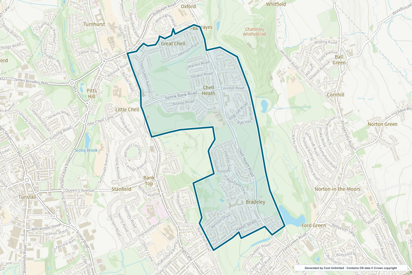 OS OpenData Outdoor map showing the approximate Bradeley & Chell Heath selection geography outlined in blue