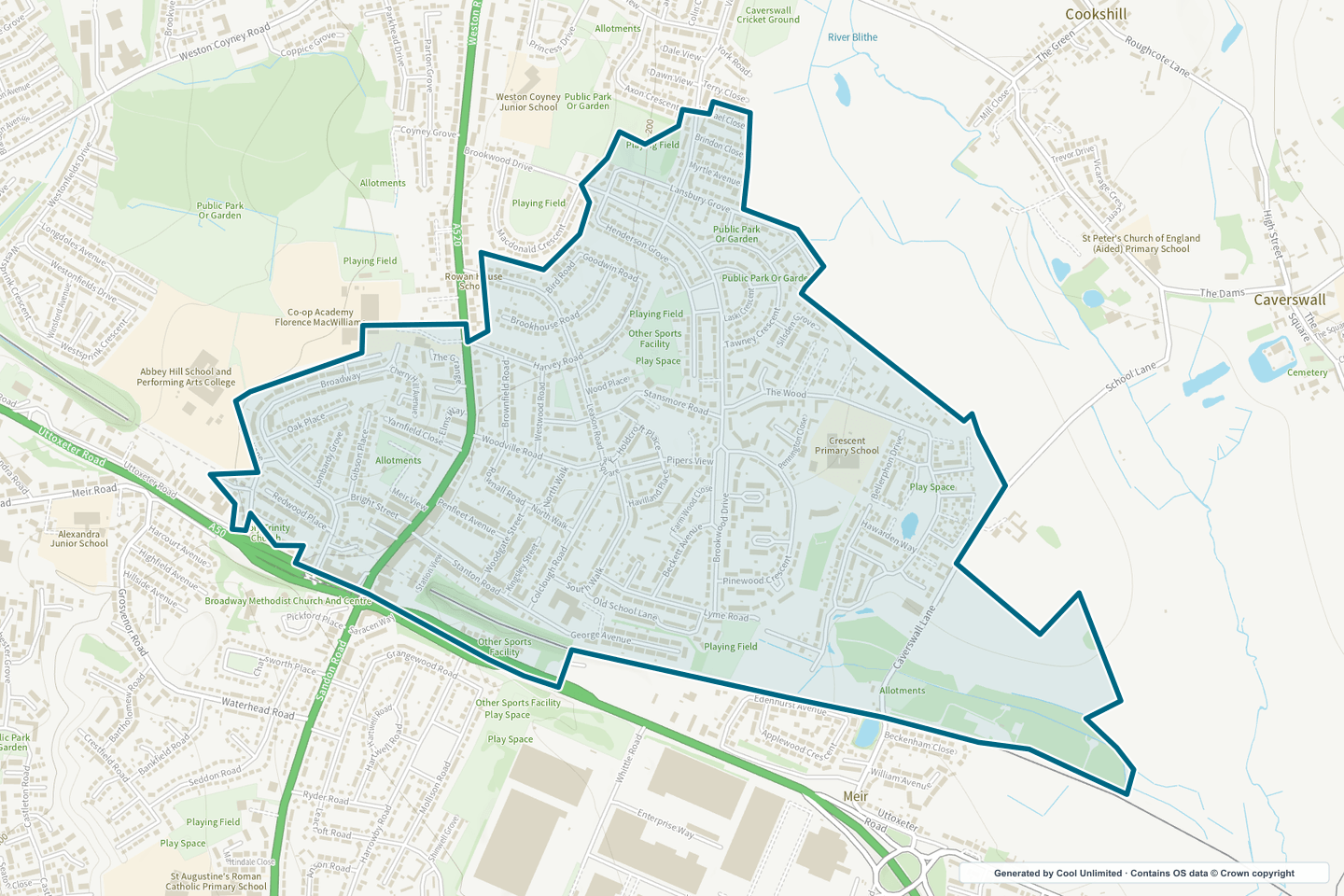 OS OpenData Outdoor map showing the approximate Meir North selection geography outlined in blue