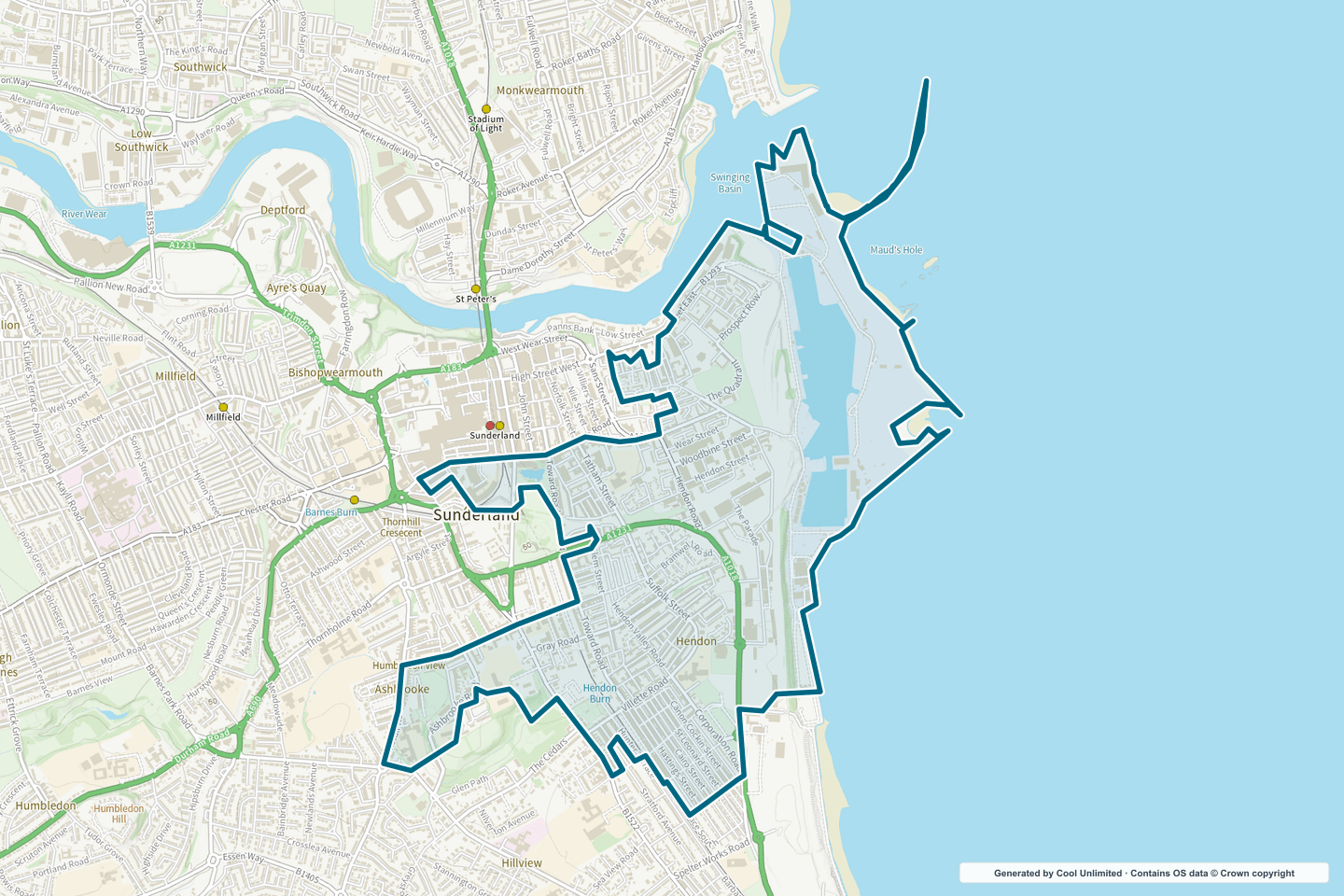OS OpenData Outdoor map showing the approximate Hendon & Docks selection geography outlined in blue
