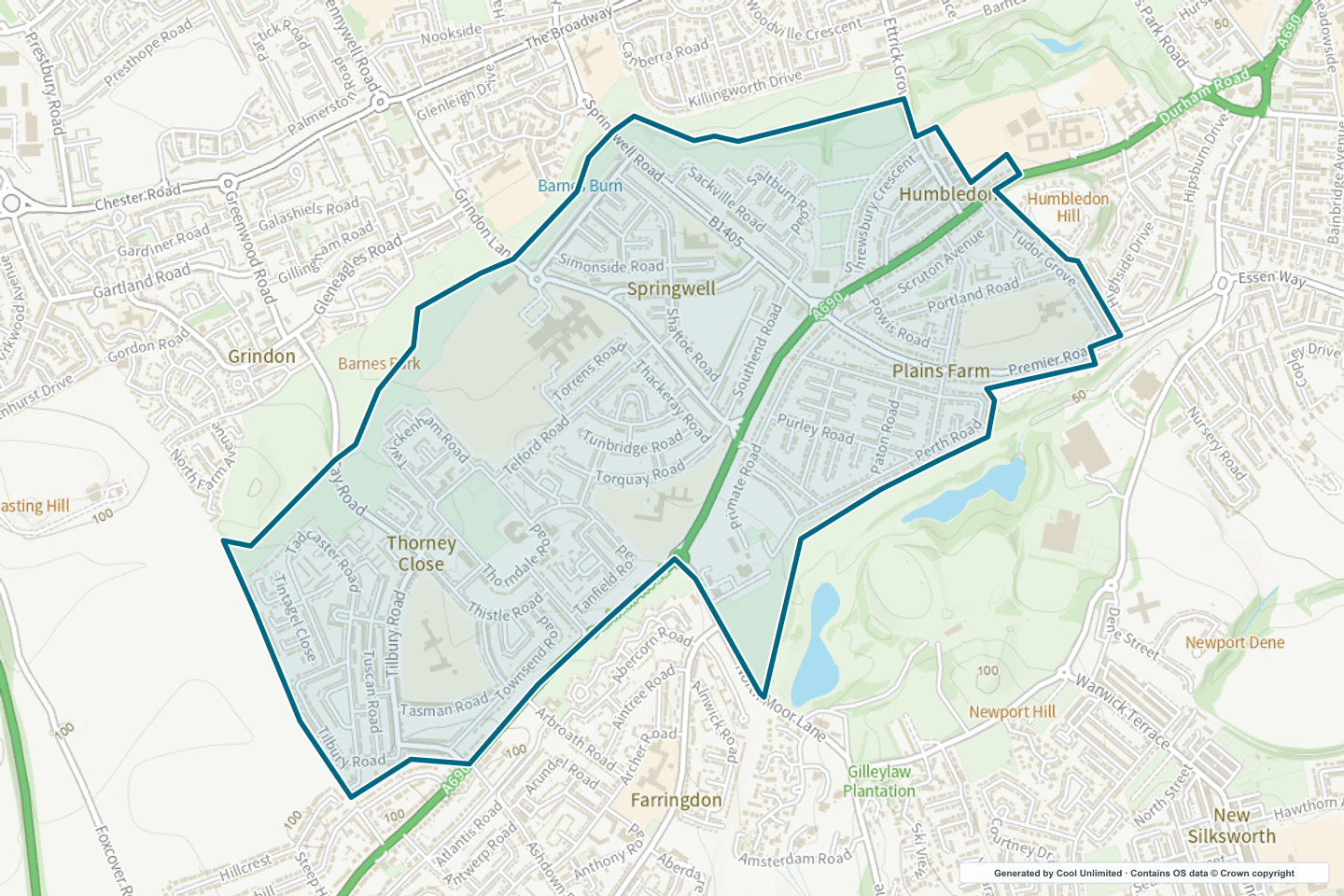 OS OpenData Outdoor map showing the approximate Thorney Close & Plains Farm selection geography outlined in blue