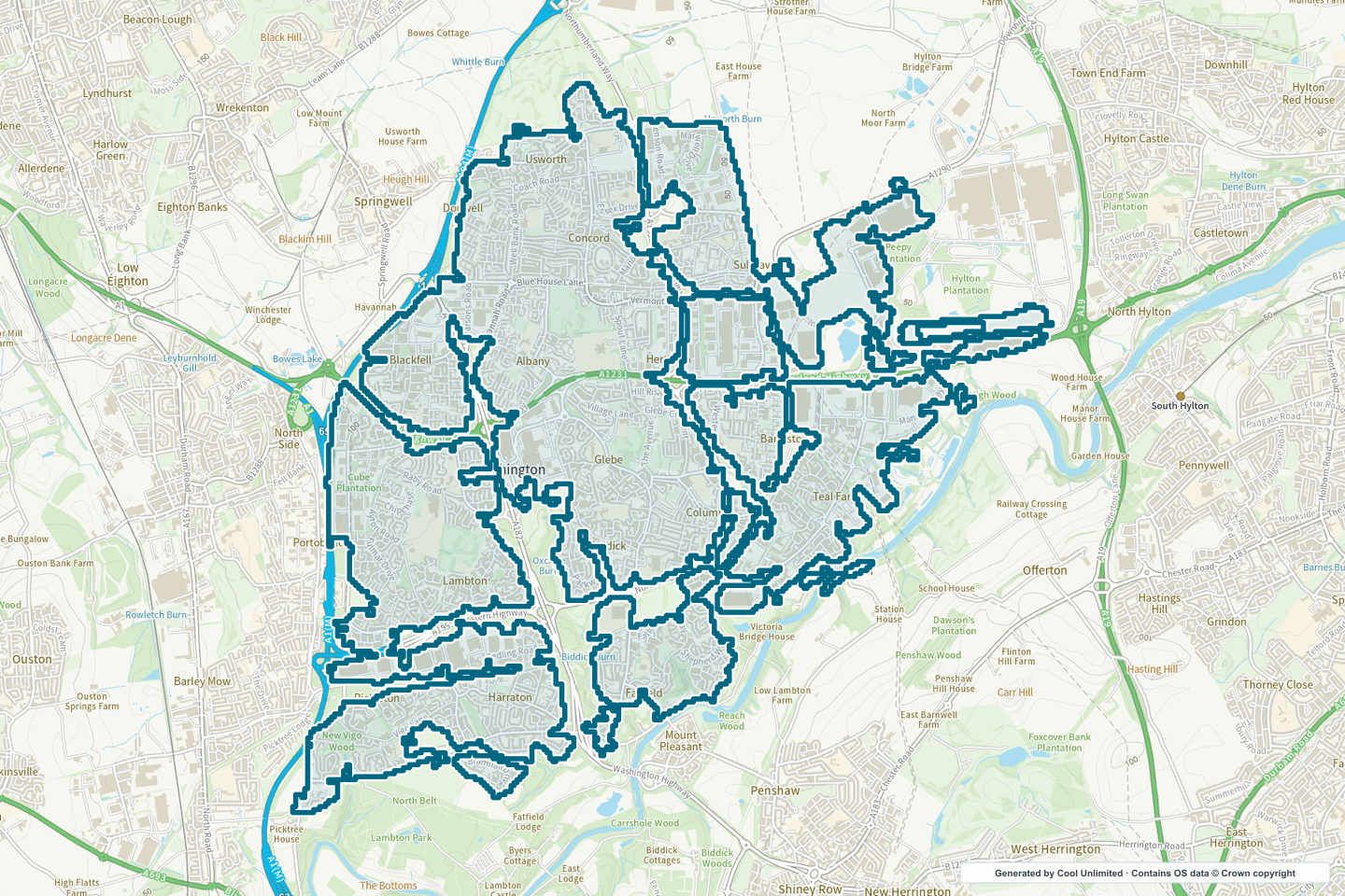 OS OpenData Outdoor map showing the approximate Washington selection geography outlined in blue