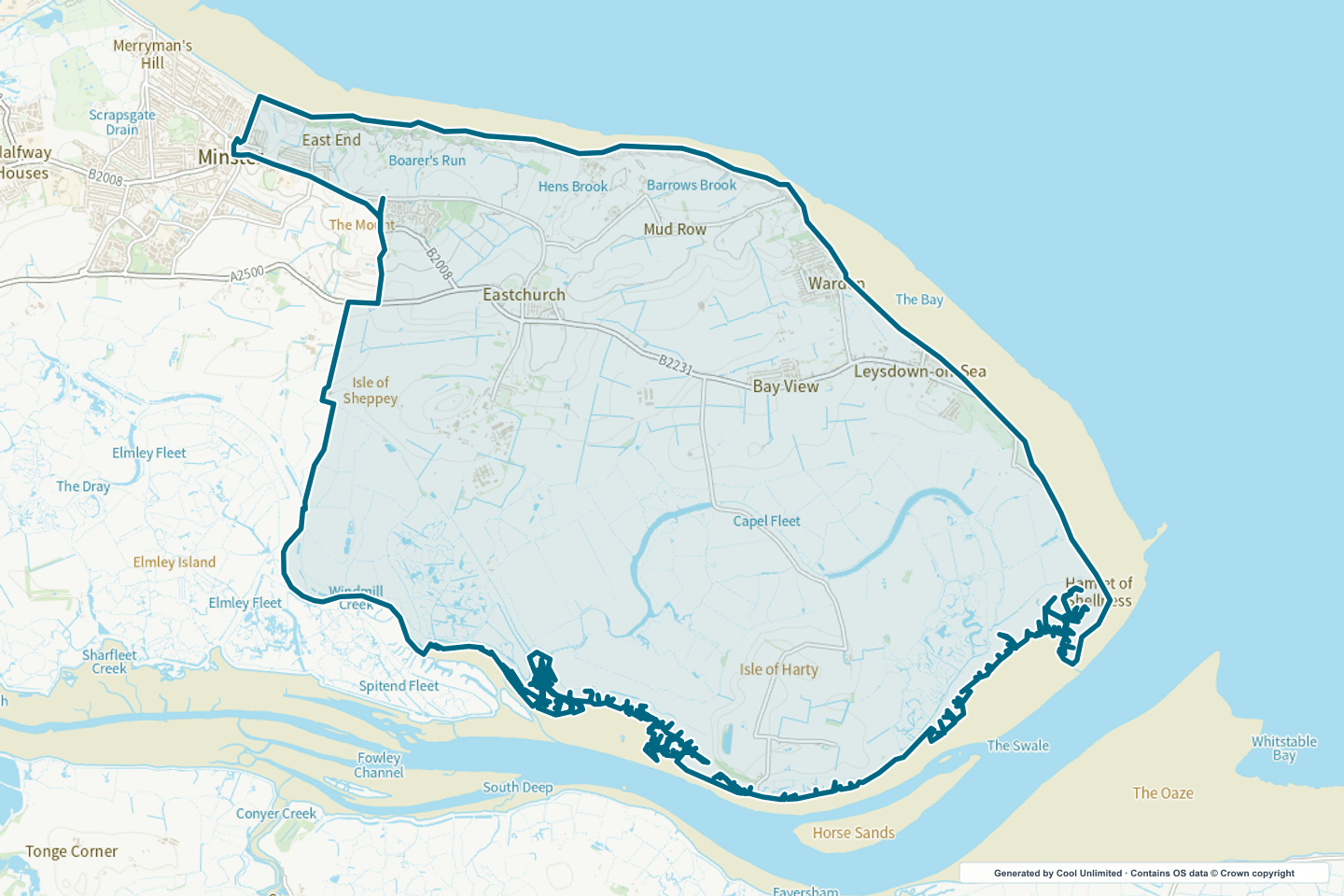 OS OpenData Outdoor map showing the approximate Sheppey East selection geography outlined in blue