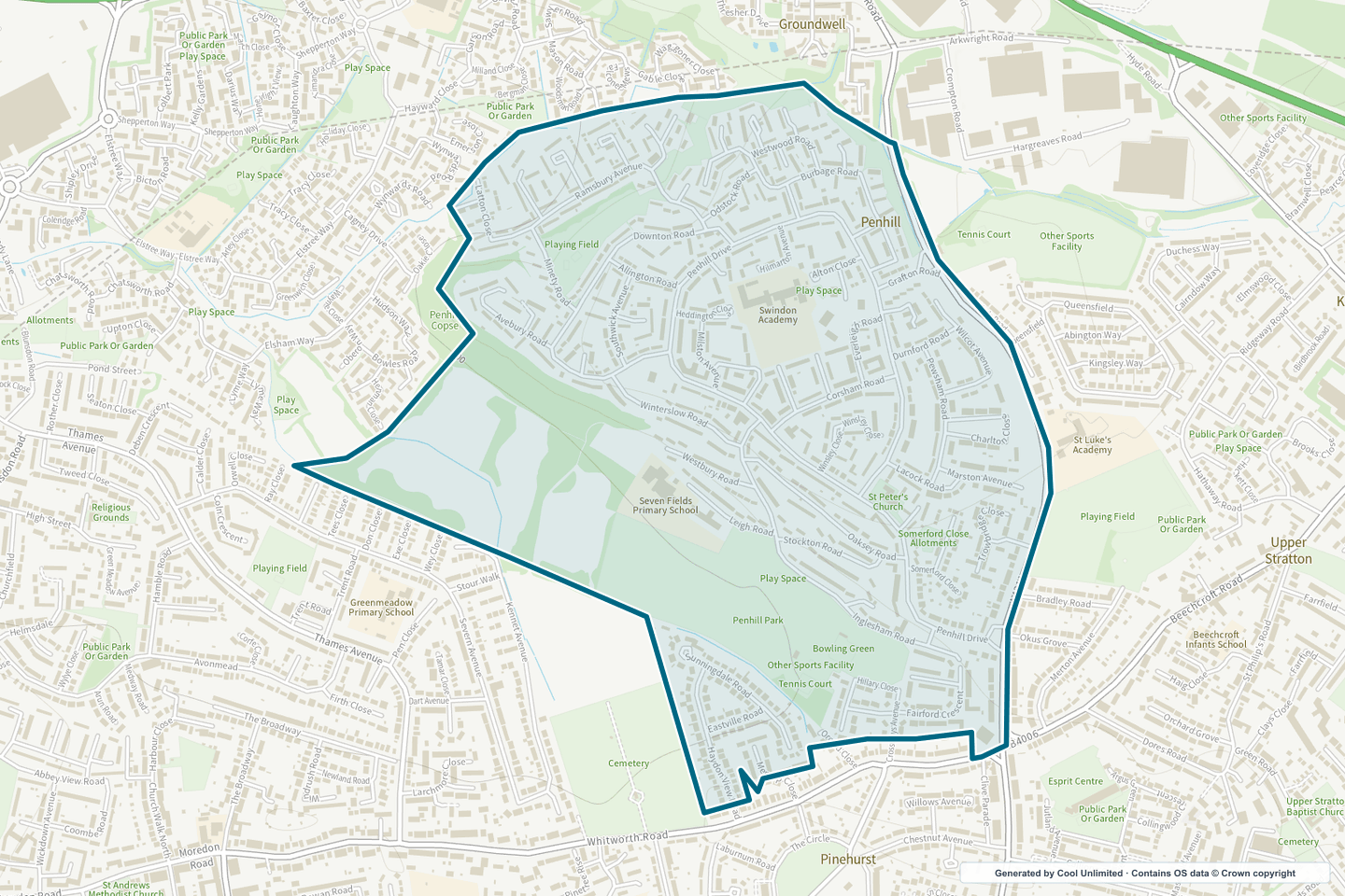 OS OpenData Outdoor map showing the approximate Penhill selection geography outlined in blue