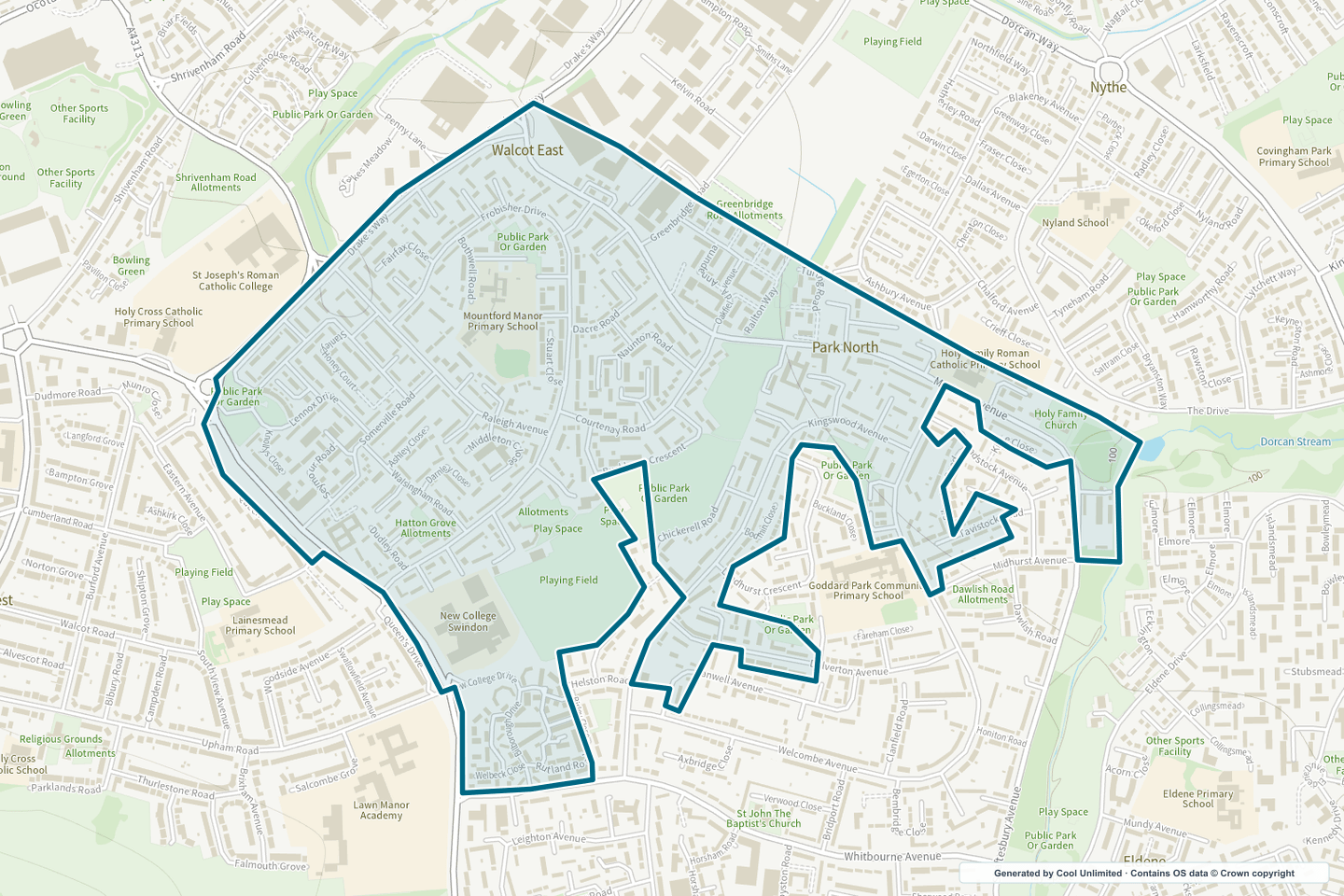 OS OpenData Outdoor map showing the approximate Walcot East selection geography outlined in blue