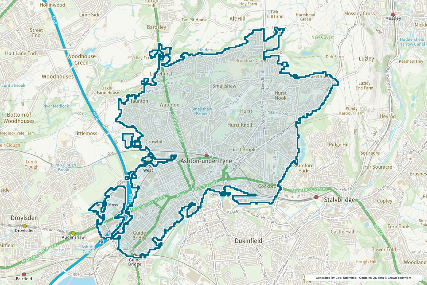 OS OpenData Outdoor map showing the approximate Ashton-under-Lyne selection geography outlined in blue