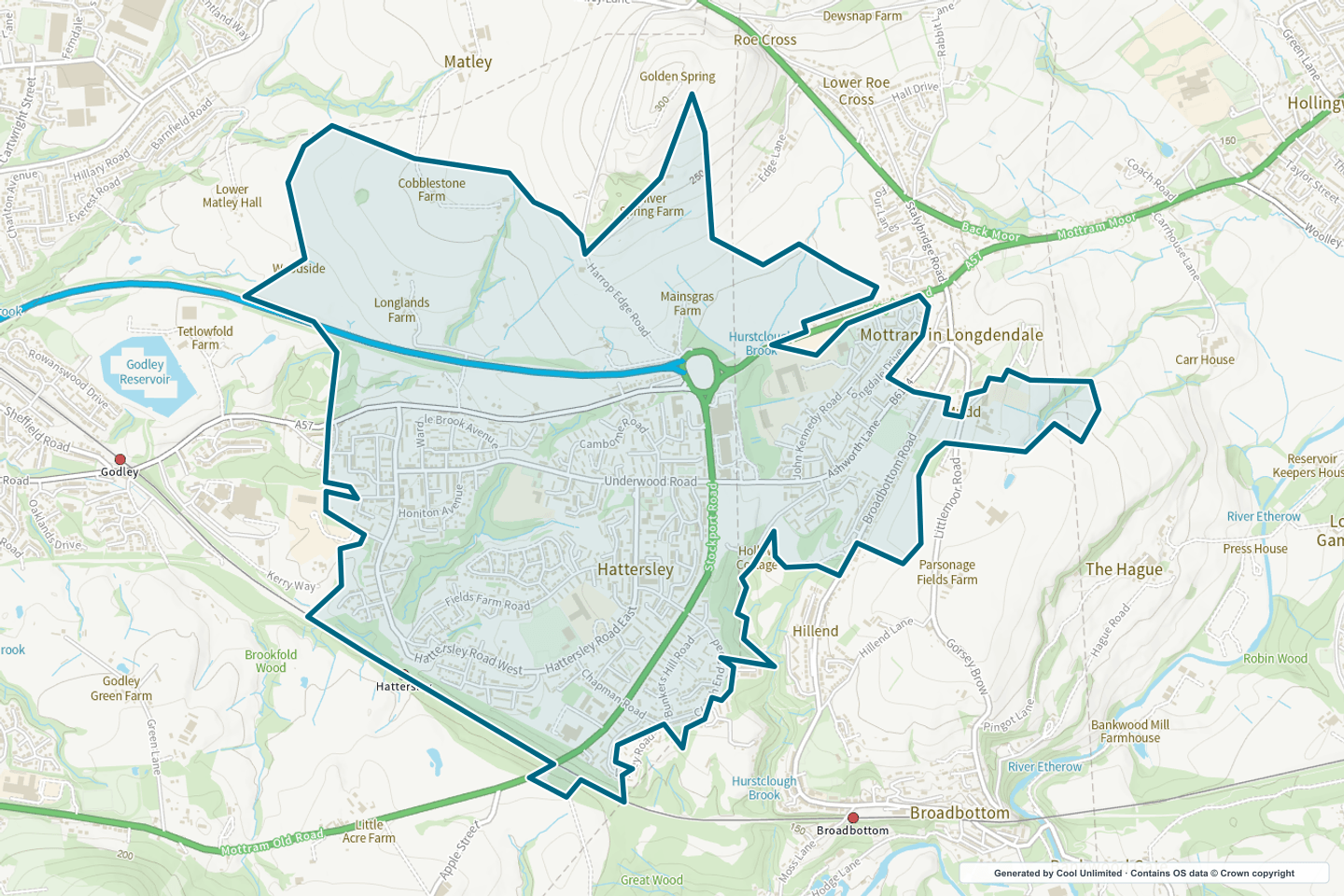 OS OpenData Outdoor map showing the approximate Hattersley selection geography outlined in blue