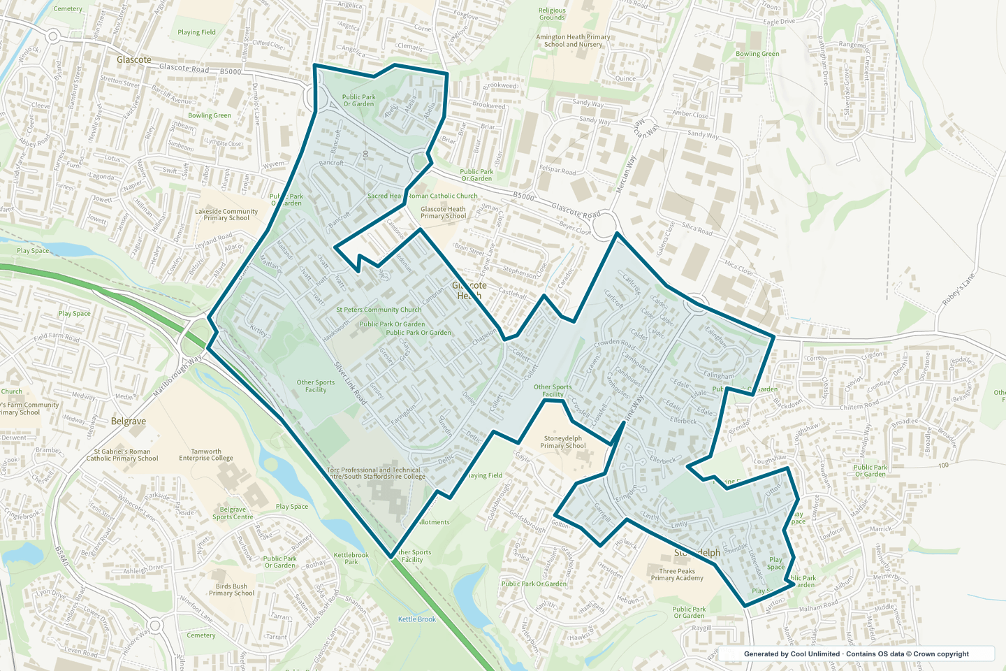 OS OpenData Outdoor map showing the approximate Glascote Heath selection geography outlined in blue