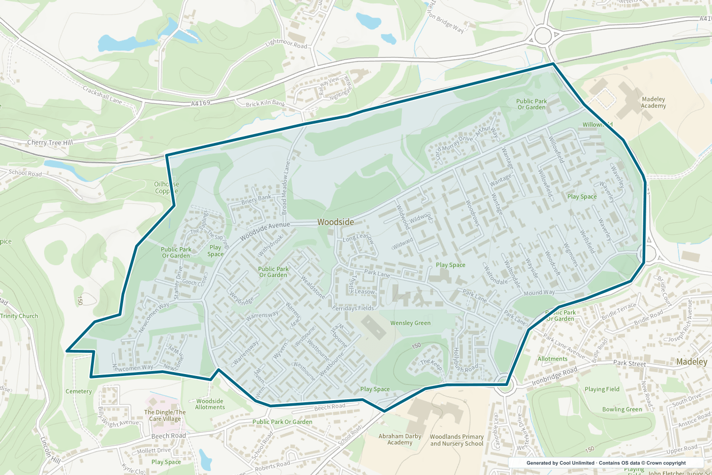 OS OpenData Outdoor map showing the approximate Woodside selection geography outlined in blue