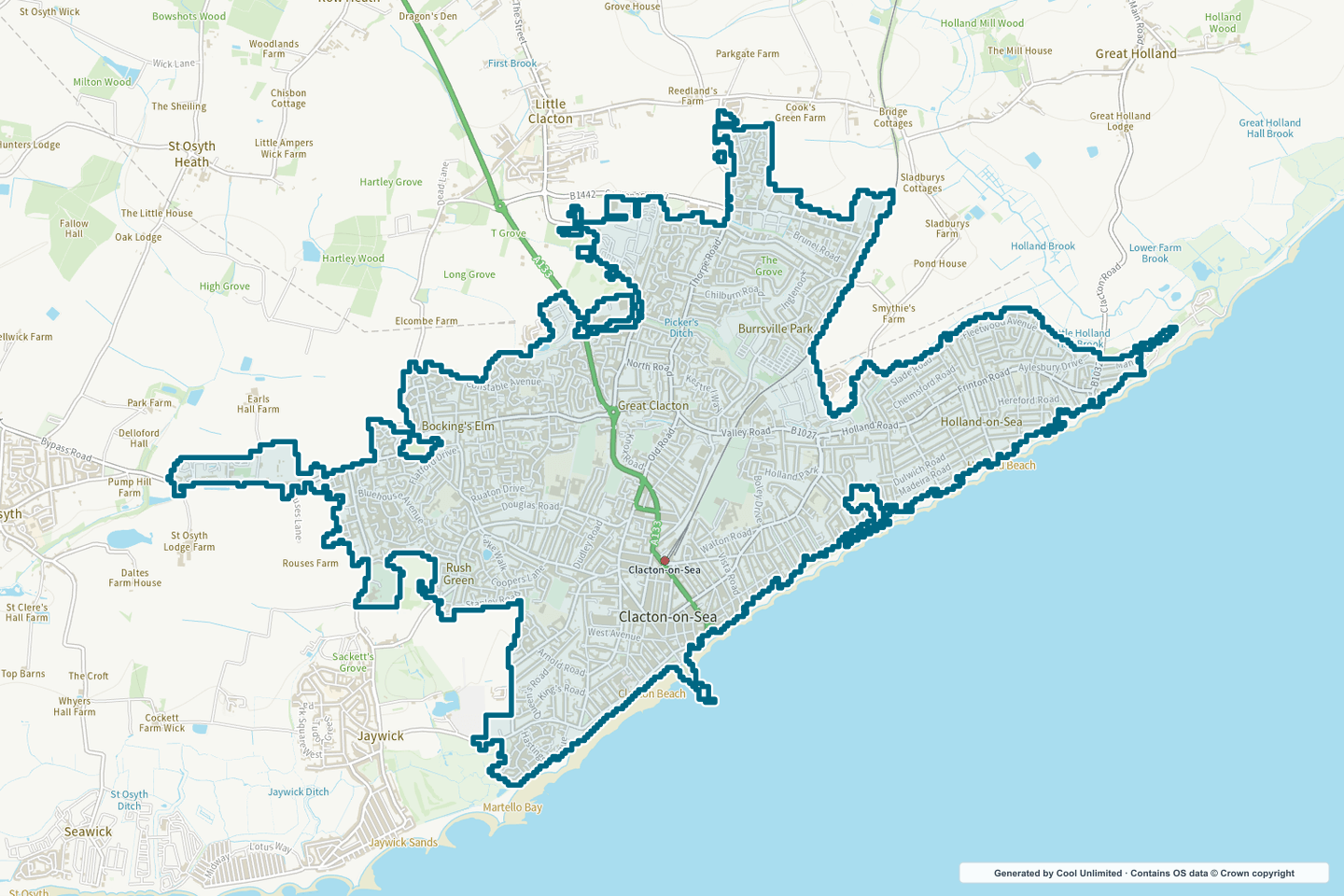 OS OpenData Outdoor map showing the approximate Clacton-on-Sea selection geography outlined in blue