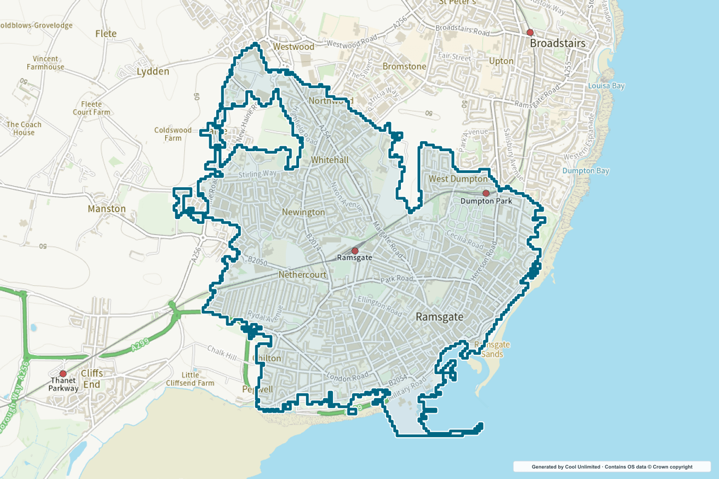 OS OpenData Outdoor map showing the approximate Ramsgate selection geography outlined in blue