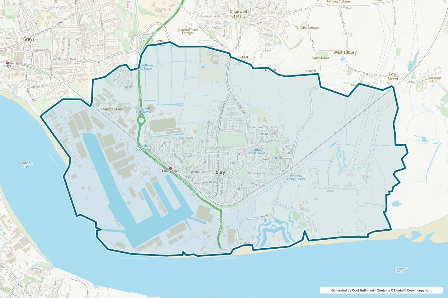 OS OpenData Outdoor map showing the approximate Tilbury selection geography outlined in blue