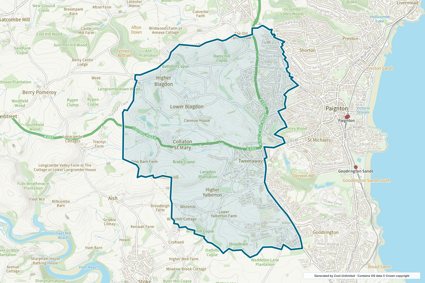 OS OpenData Outdoor map showing the approximate Blatchcombe & Blagdon selection geography outlined in blue