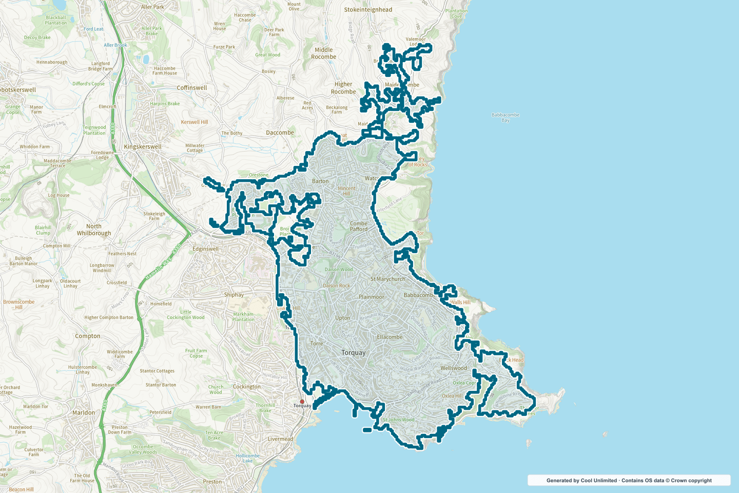OS OpenData Outdoor map showing the approximate Torquay selection geography outlined in blue