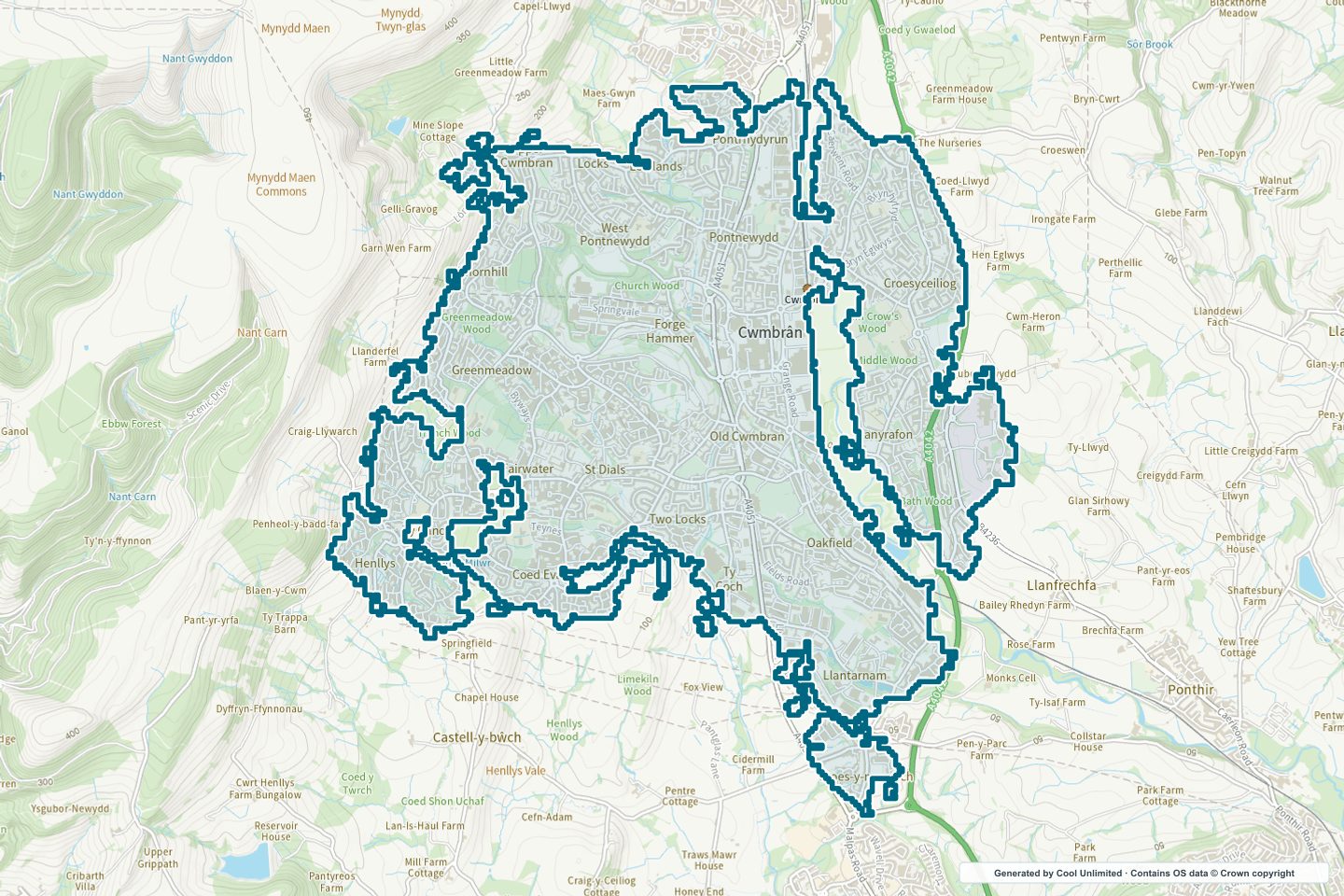OS OpenData Outdoor map showing the approximate Cwmbrân selection geography outlined in blue
