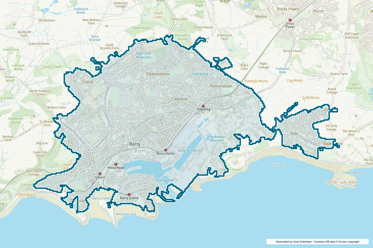 OS OpenData Outdoor map showing the approximate Barry (Vale of Glamorgan) selection geography outlined in blue