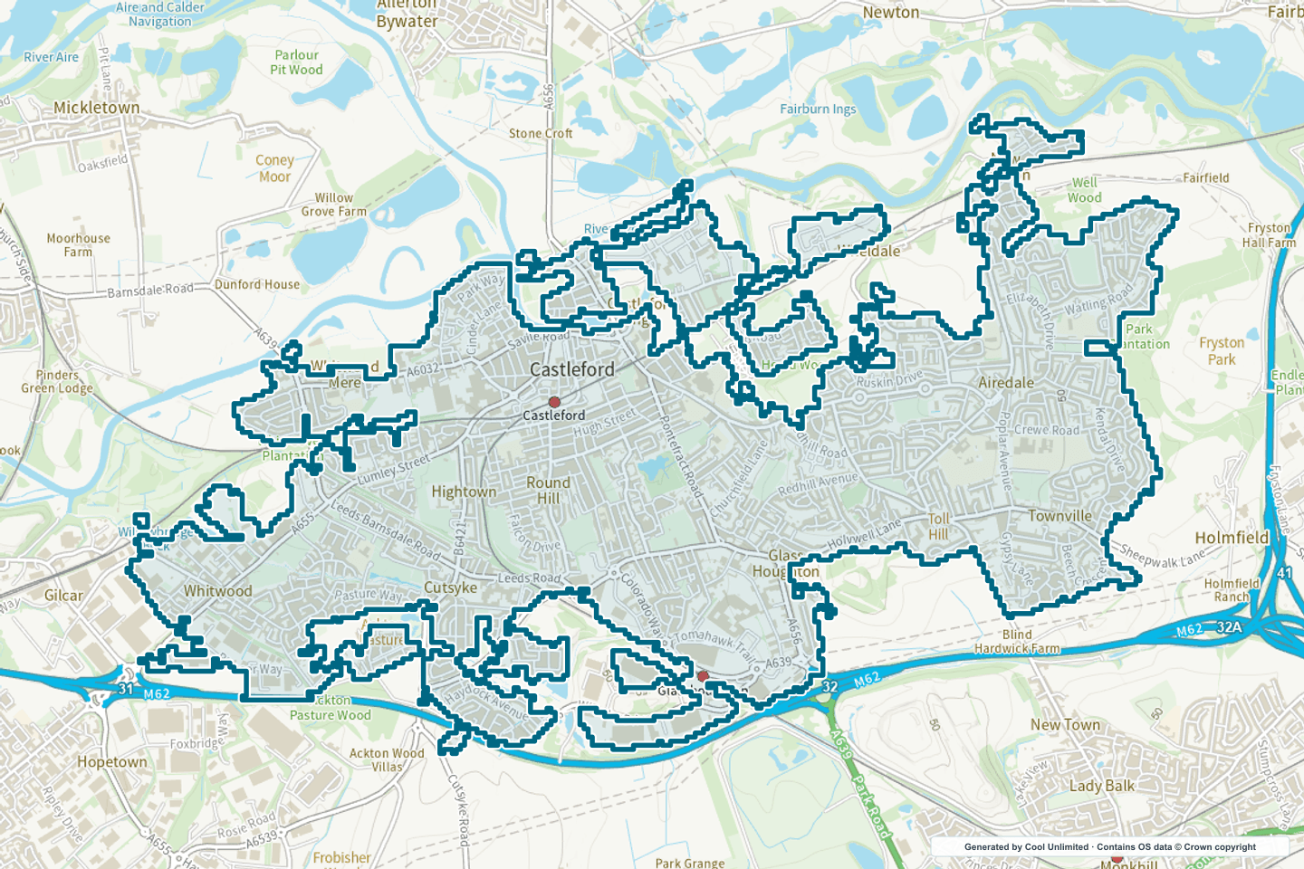 OS OpenData Outdoor map showing the approximate Castleford selection geography outlined in blue