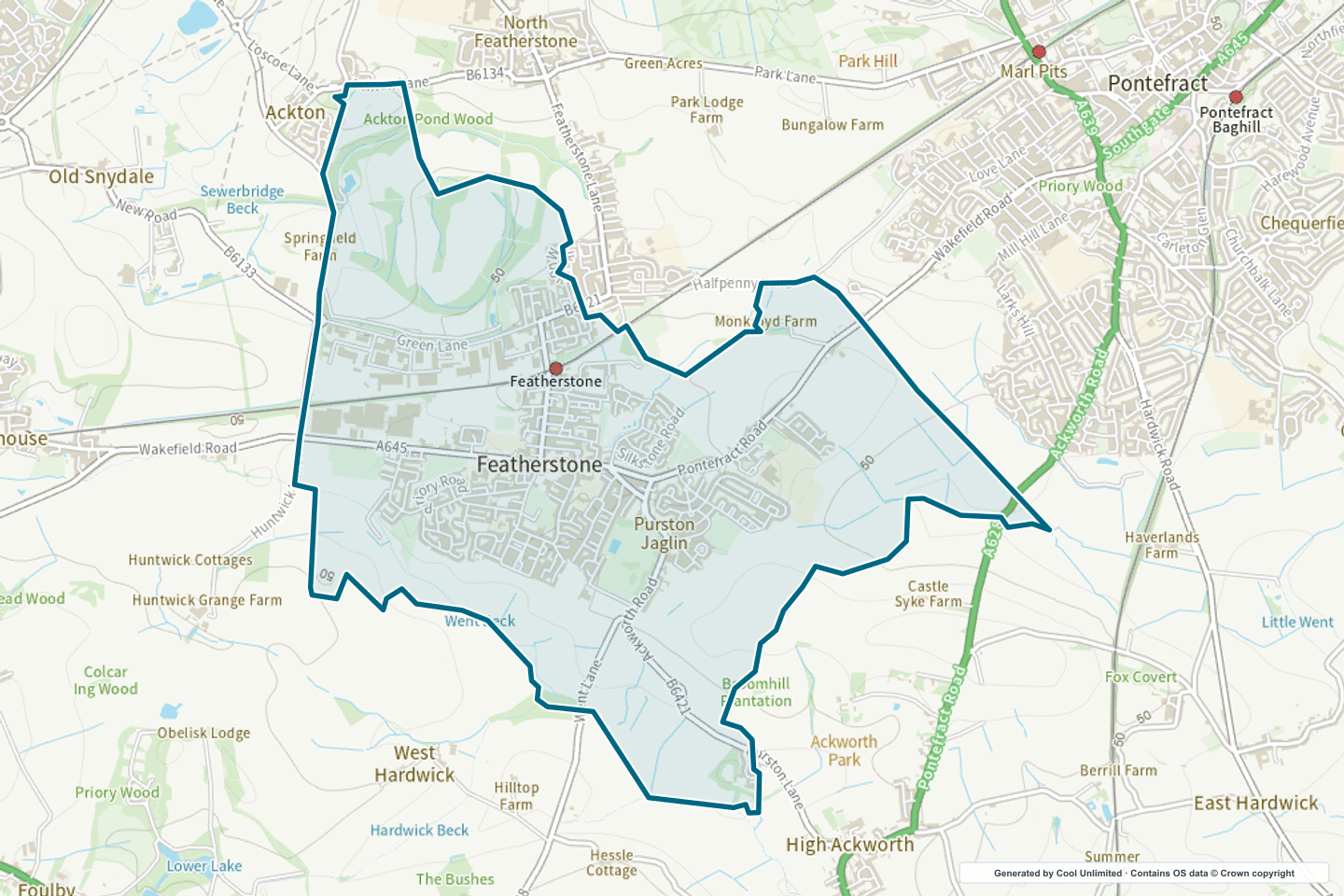 OS OpenData Outdoor map showing the approximate Featherstone selection geography outlined in blue