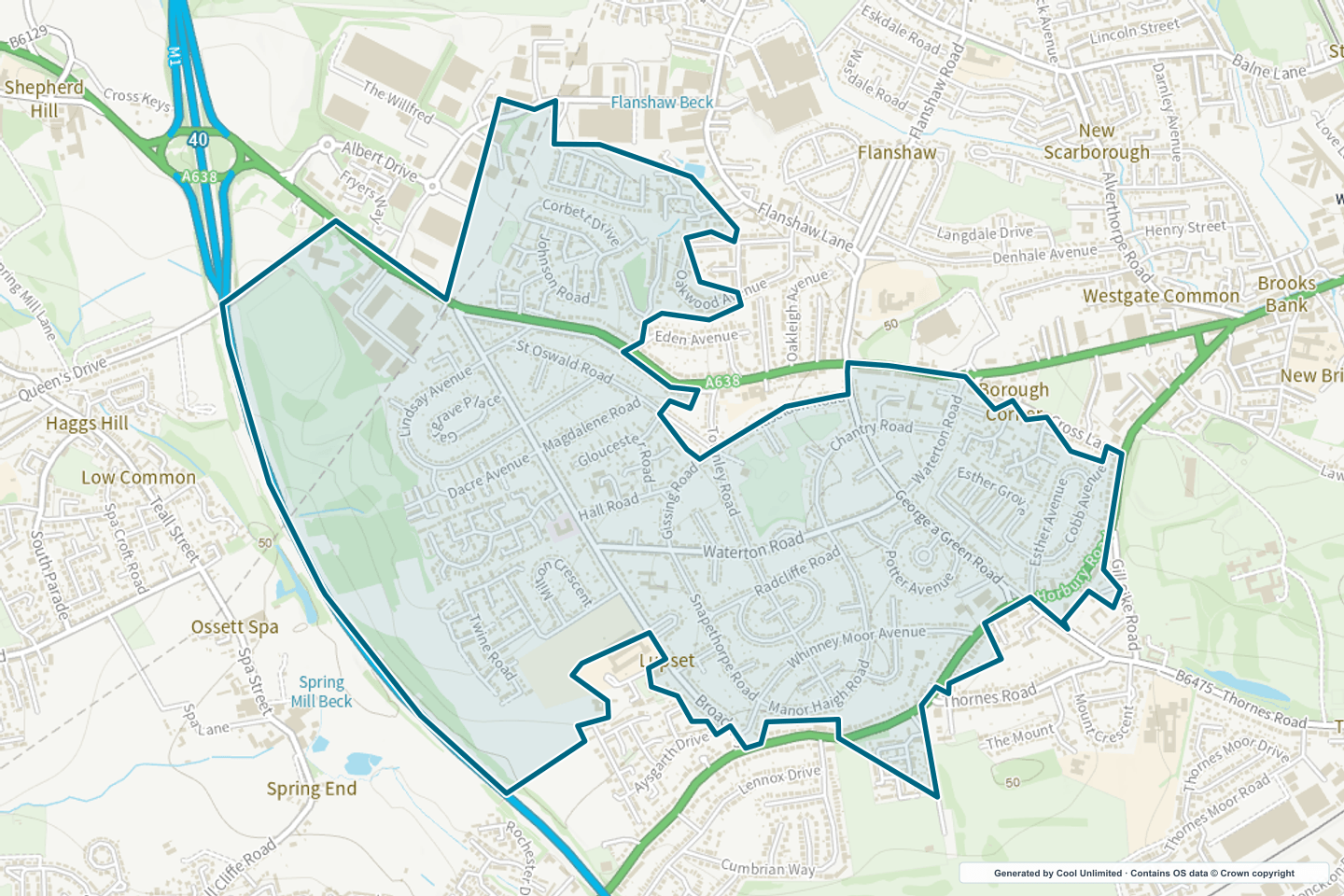OS OpenData Outdoor map showing the approximate Lupset selection geography outlined in blue