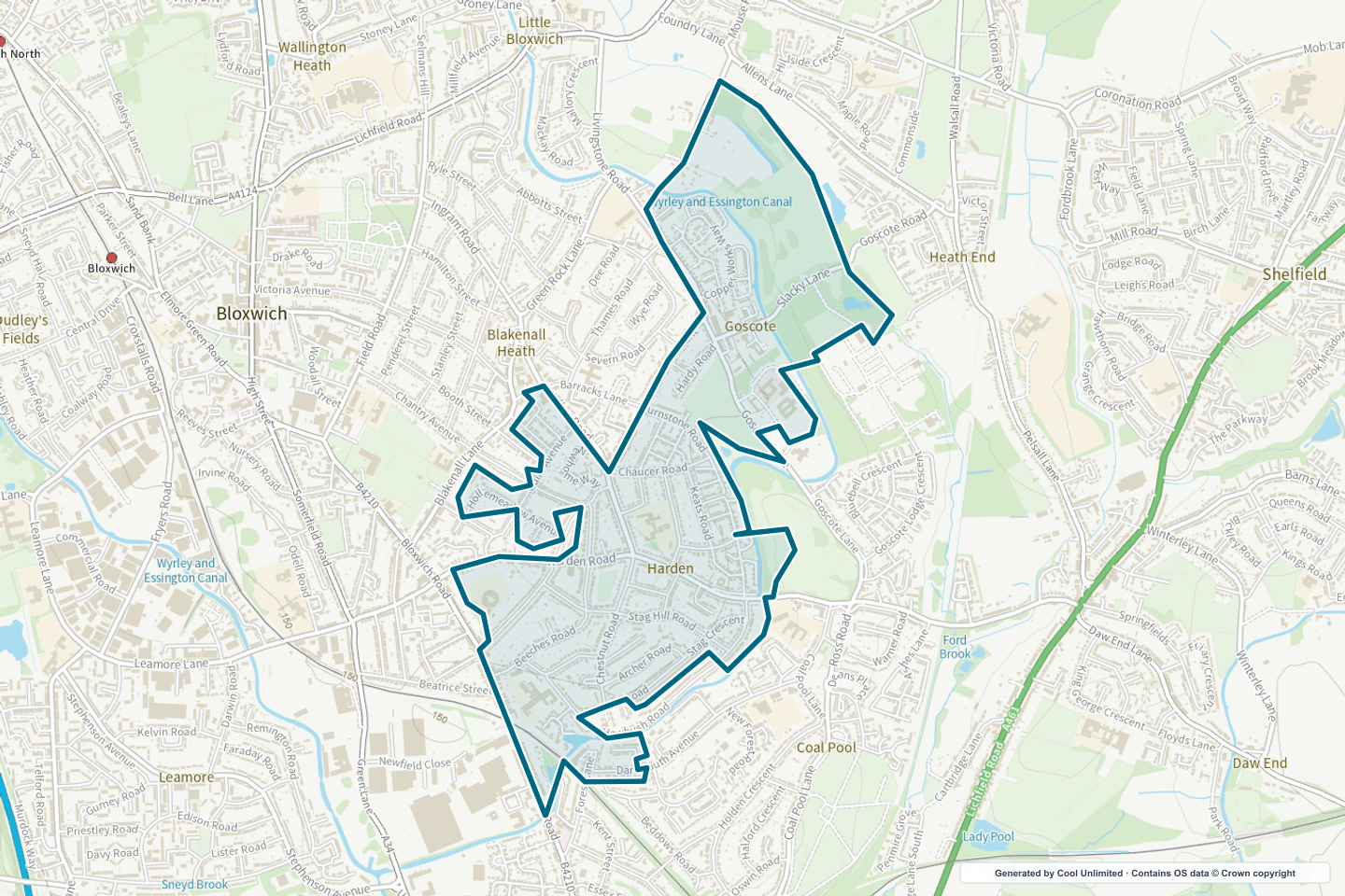 OS OpenData Outdoor map showing the approximate Blakenall South selection geography outlined in blue