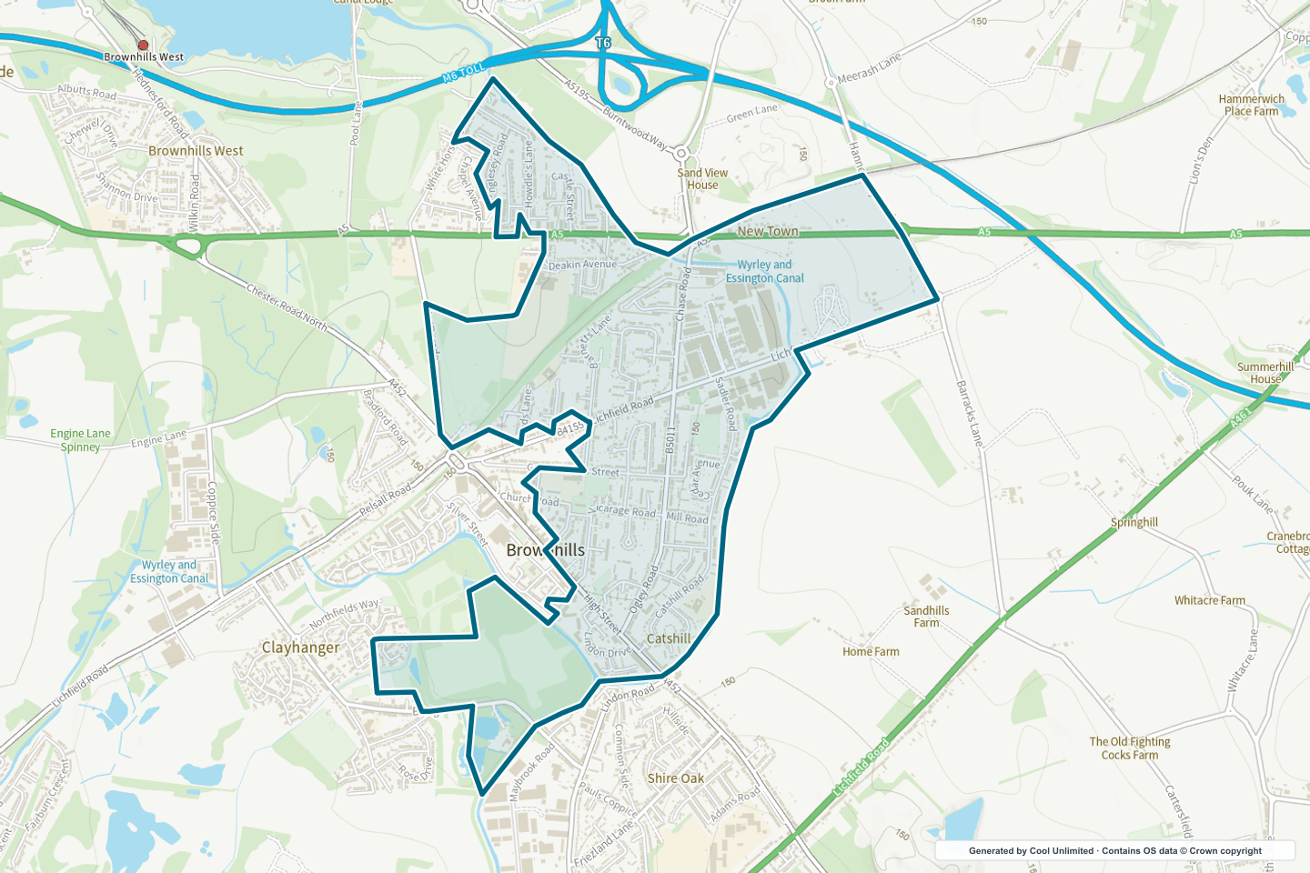 OS OpenData Outdoor map showing the approximate Brownhills selection geography outlined in blue