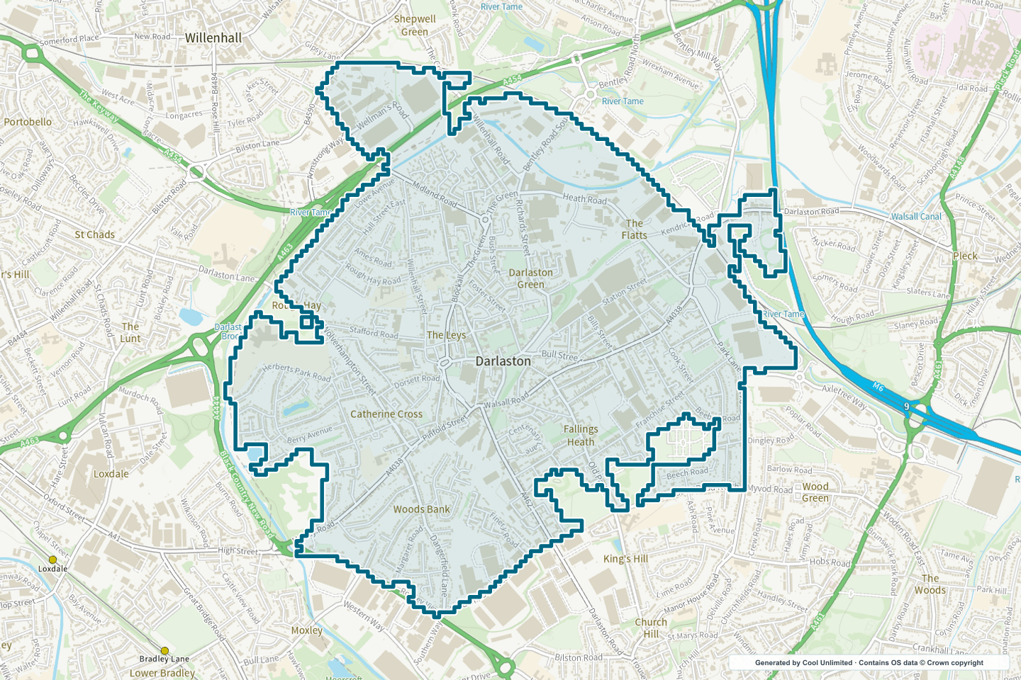 OS OpenData Outdoor map showing the approximate Darlaston selection geography outlined in blue