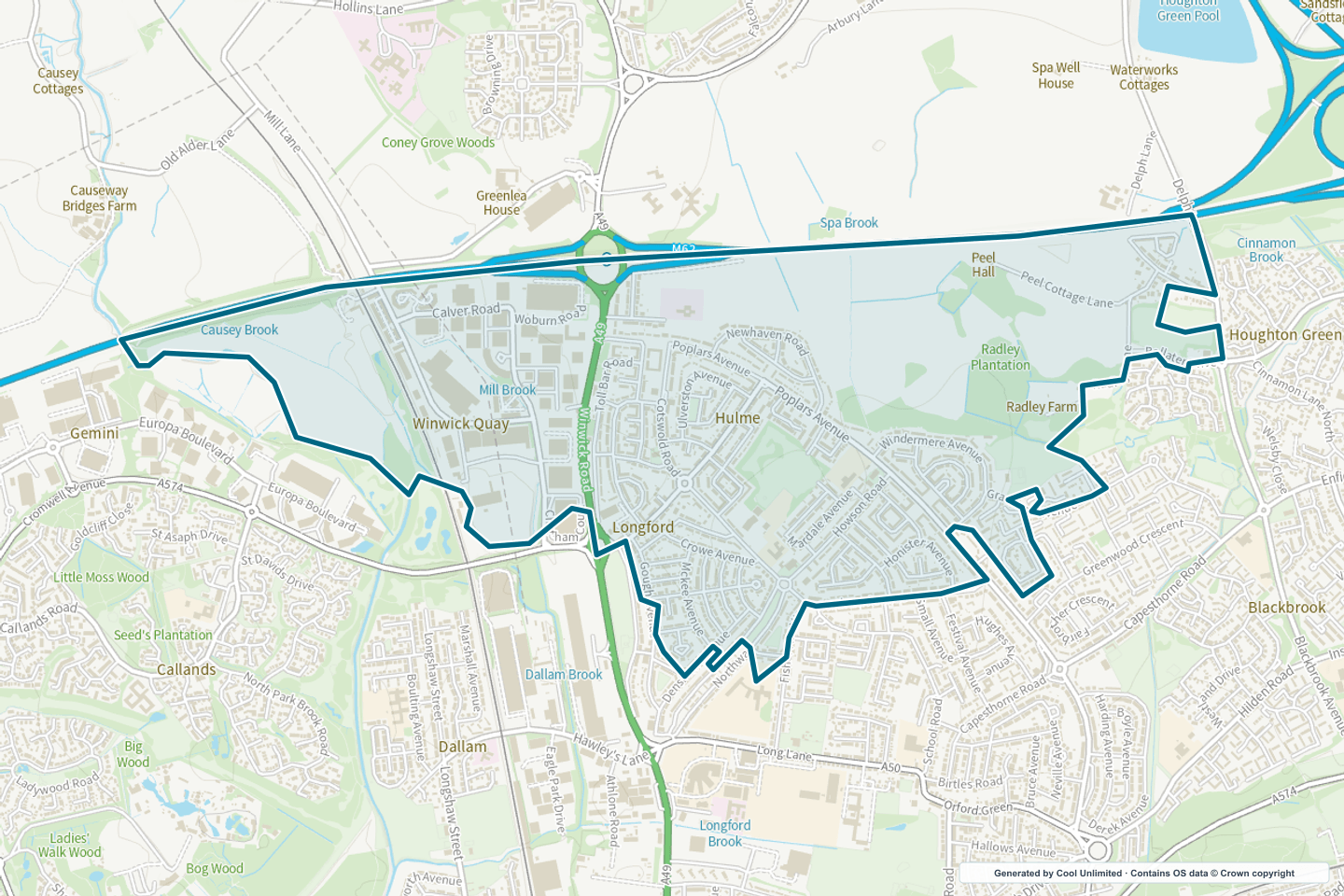 OS OpenData Outdoor map showing the approximate Hulme selection geography outlined in blue