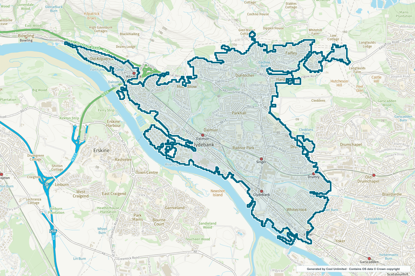 OS OpenData Outdoor map showing the approximate Clydebank selection geography outlined in blue