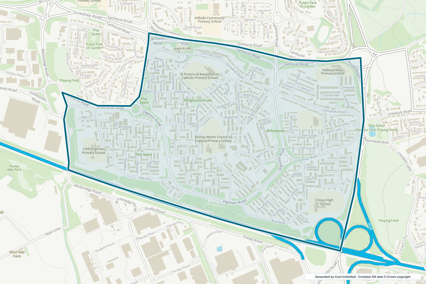 OS OpenData Outdoor map showing the approximate Skelmersdale South East selection geography outlined in blue