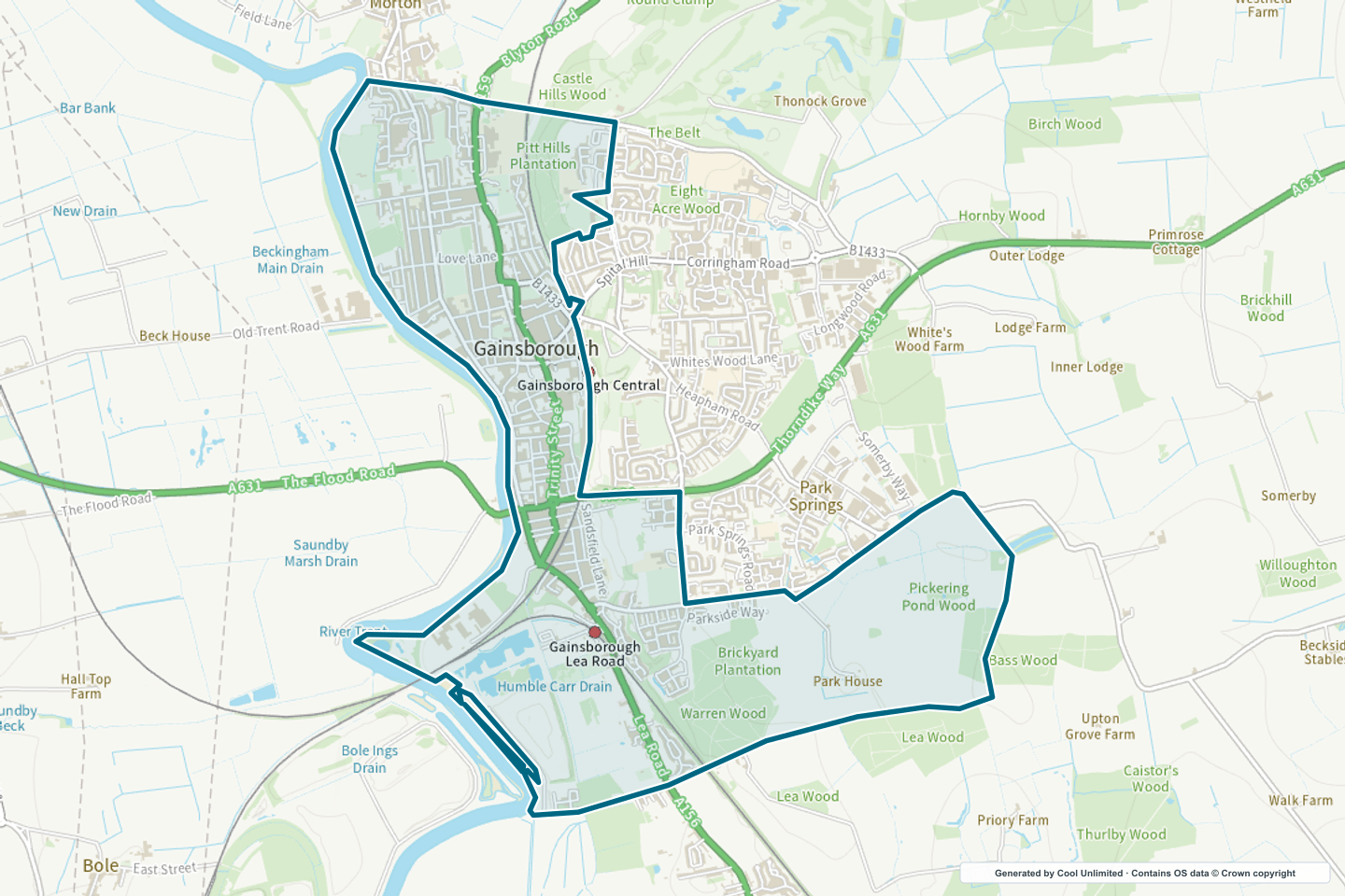 OS OpenData Outdoor map showing the approximate Gainsborough West selection geography outlined in blue