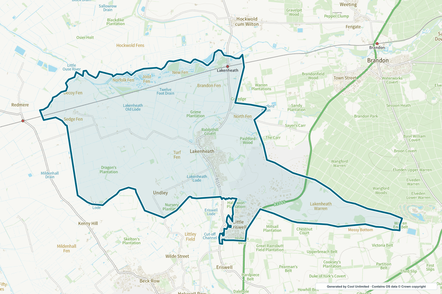 OS OpenData Outdoor map showing the approximate Lakenheath selection geography outlined in blue