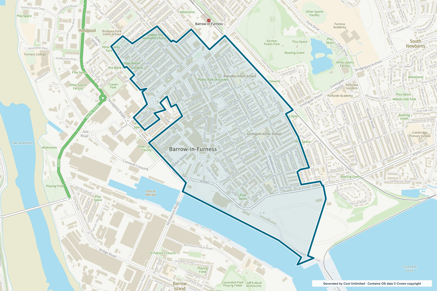 OS OpenData Outdoor map showing the approximate Barrow Central selection geography outlined in blue