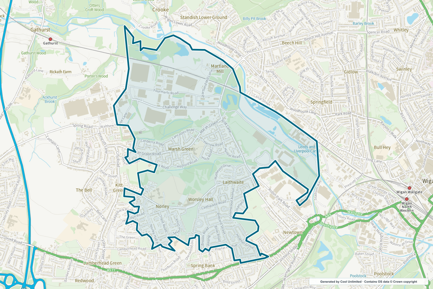 OS OpenData Outdoor map showing the approximate Laithwaite & Marsh Green selection geography outlined in blue