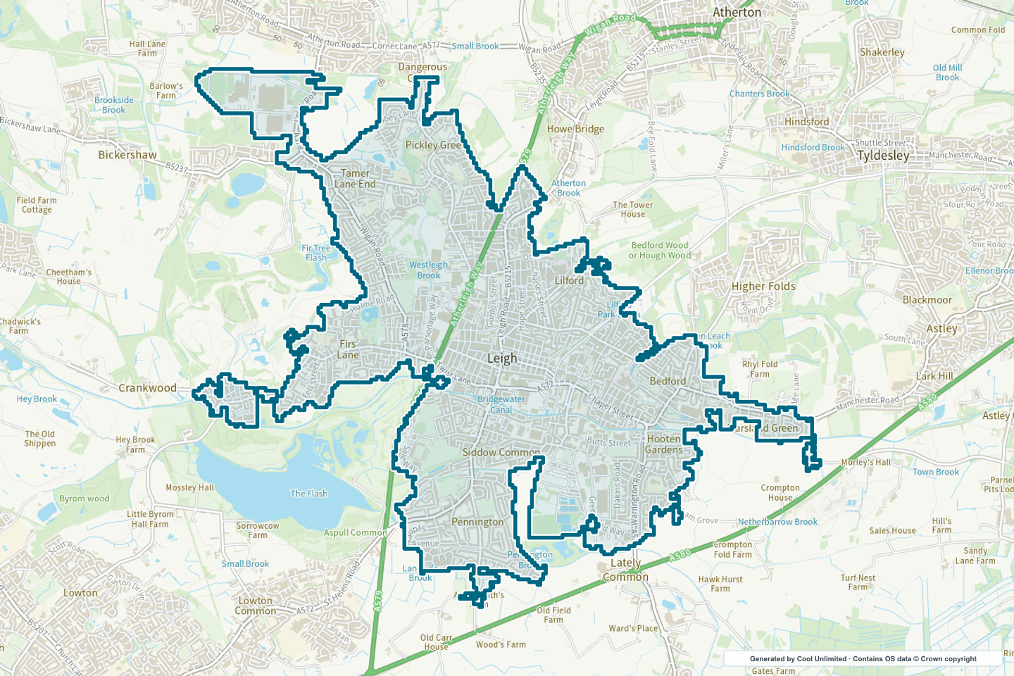 OS OpenData Outdoor map showing the approximate Leigh (Wigan) selection geography outlined in blue