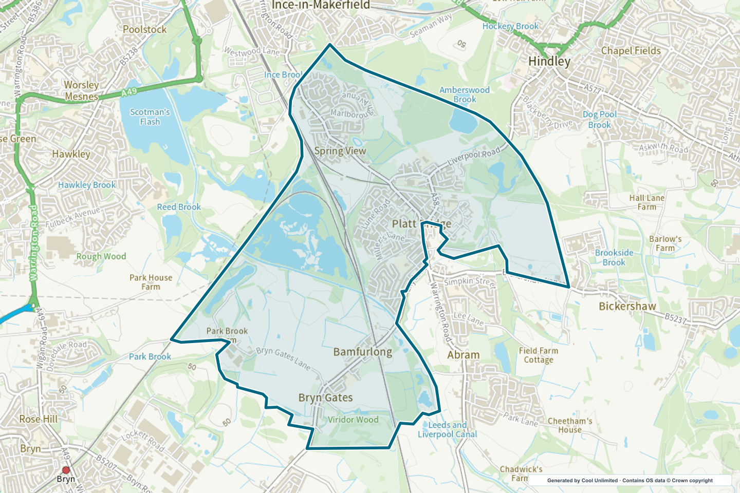 OS OpenData Outdoor map showing the approximate Platt Bridge & Spring View selection geography outlined in blue