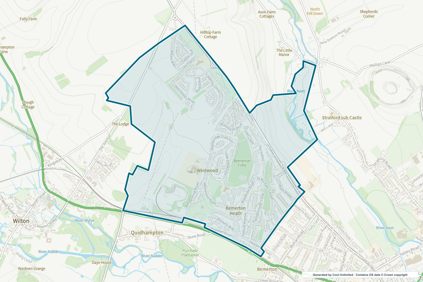 OS OpenData Outdoor map showing the approximate Salisbury Bemerton selection geography outlined in blue