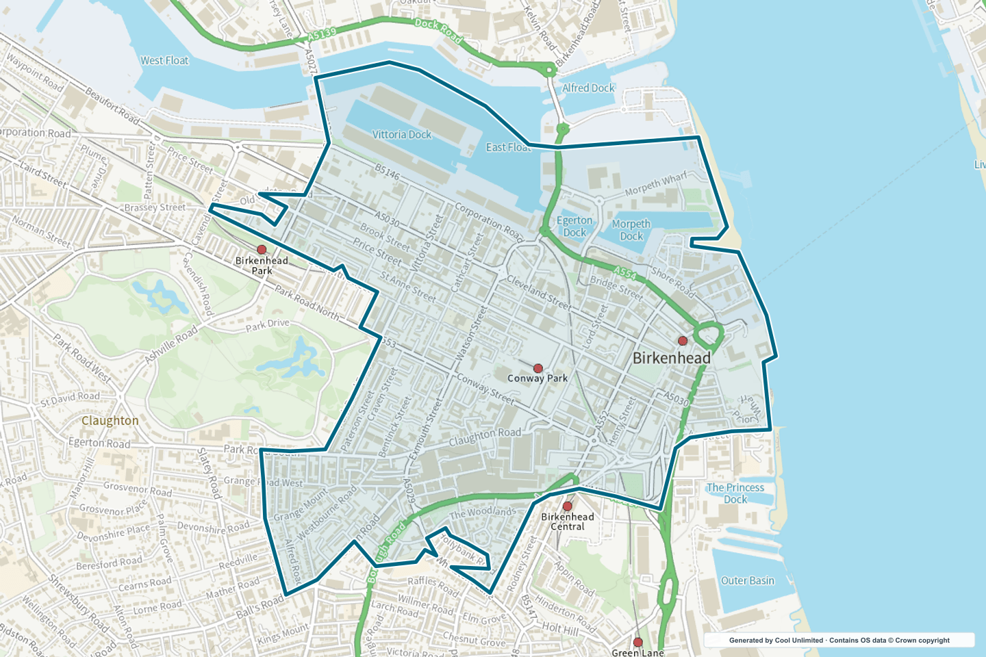 OS OpenData Outdoor map showing the approximate Birkenhead Central selection geography outlined in blue