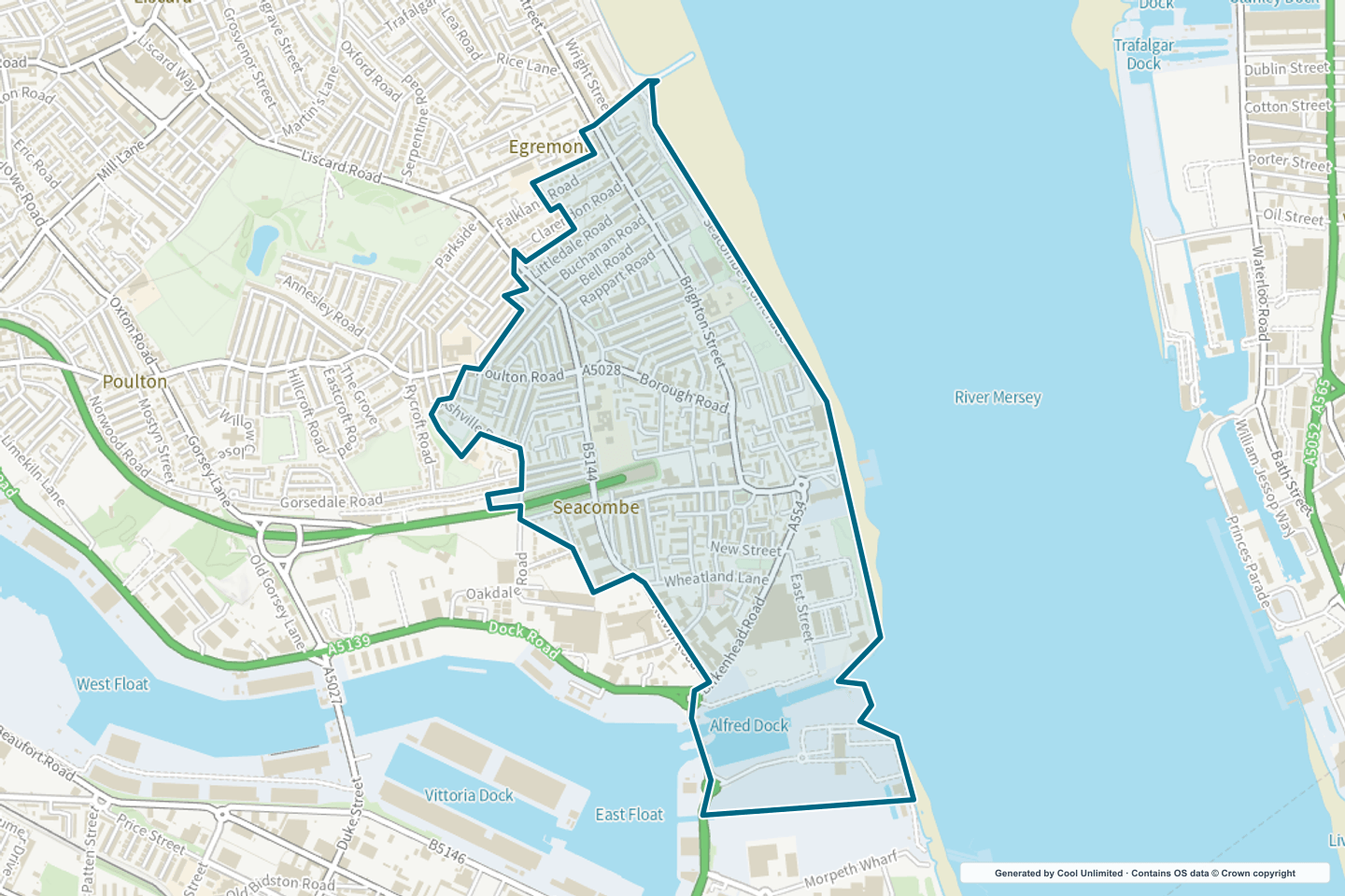 OS OpenData Outdoor map showing the approximate Seacombe selection geography outlined in blue